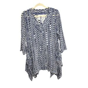OSO Casuals Tunic Womens Medium Blue Excellent Open Knit Sharkbite Hem V-Neck